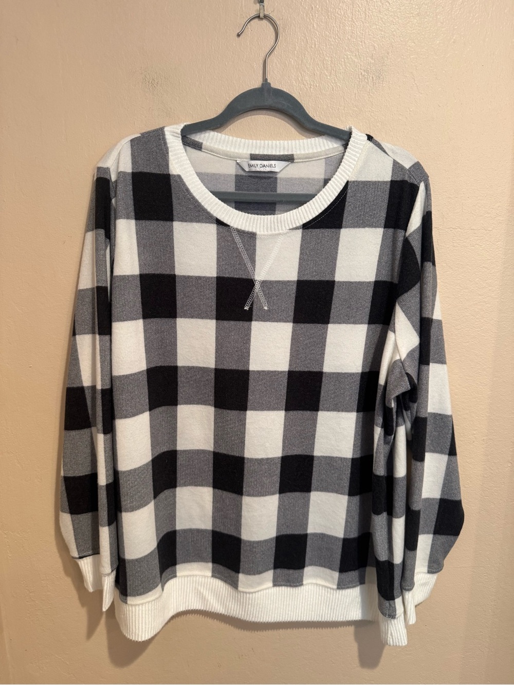 Black & White Buffalo Plaid Check Crewneck Lightweight Sweater Plus Size 2x